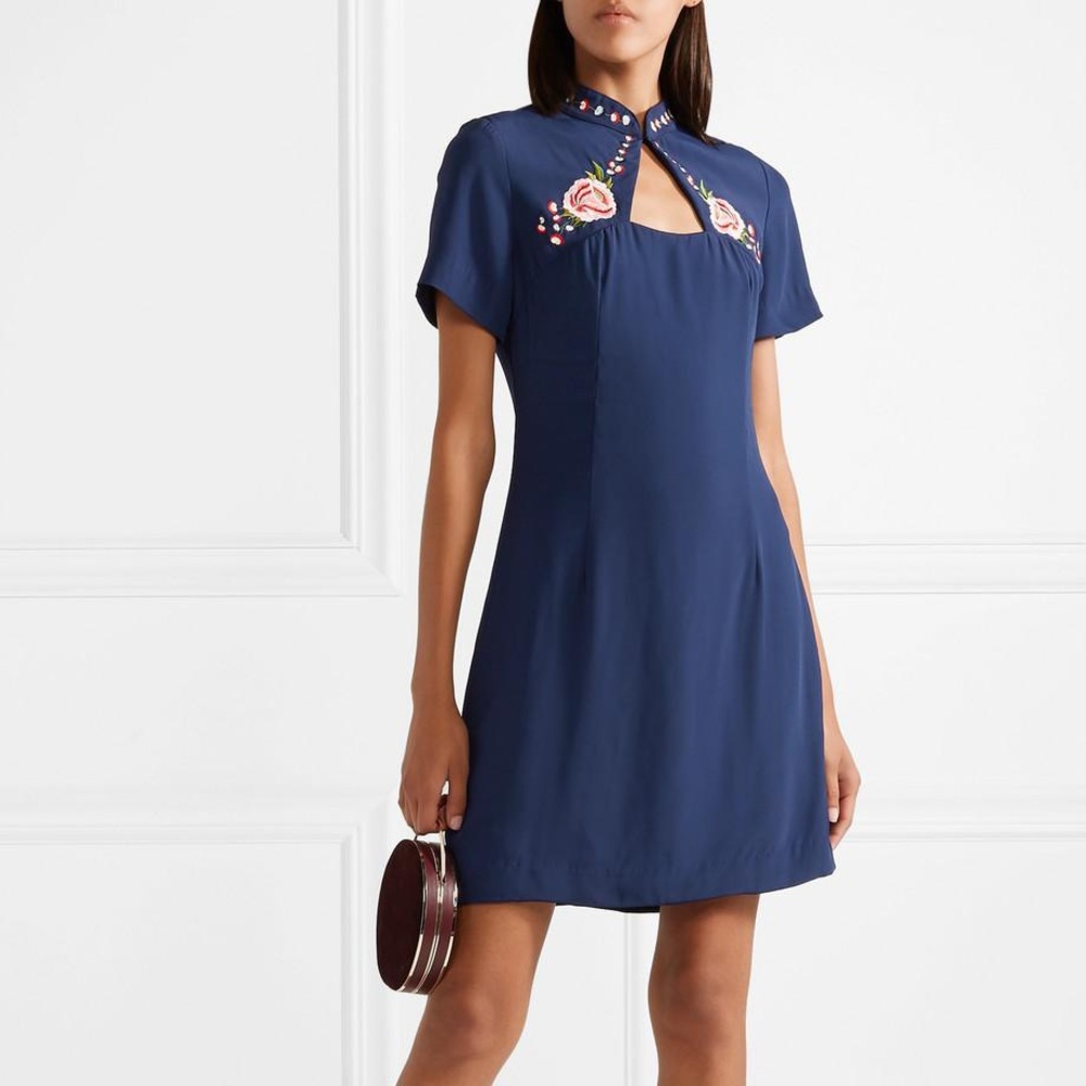 STAUD Amelie Embroidered Crepe De Chine Mini Dress Navy